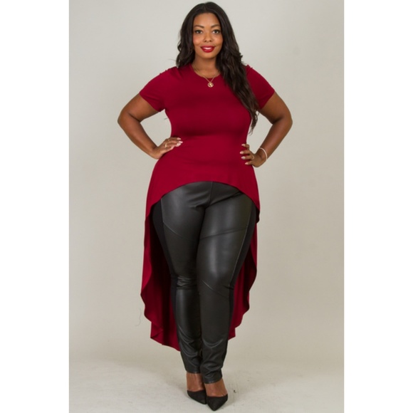 burgundy ROUND NECK SHORT SLEVE HIGH LOW SOLID TOP - Picture 2 of 7